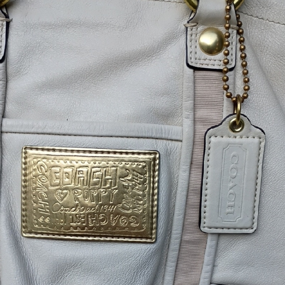 Coach Poppy White Leather Bag Tote 1456 Double Straps Gold Poppy Logo - Picture 3 of 17